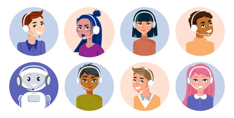 Customer support avatars set with different characters and robot. Call Center agent avatars set. Diverse Group friendly office workers in headphones icons. Client services and communication. Vector