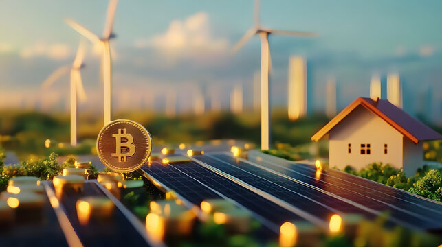 A financial breakdown of green energy costs, with a wind turbine and solar farm in the background, emphasizing sustainable electricity pricing