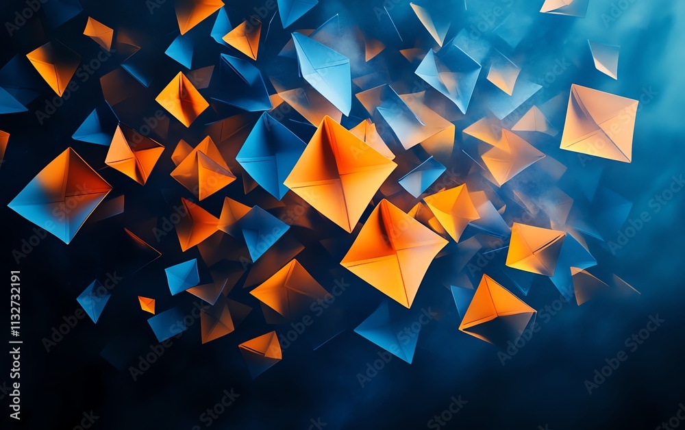 Leinwandbilder abstract floating blue and orange envelopes in dark space, a colorful and dynamic background symboli