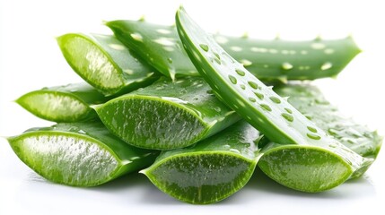 Fototapeta premium Fresh aloe vera leaves, cut and glistening. Ideal for health, beauty, or cosmetic product shots.