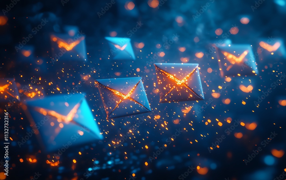 Aufkleber blue and orange envelopes floating in a dark space, creating an abstract visual of communication, mo