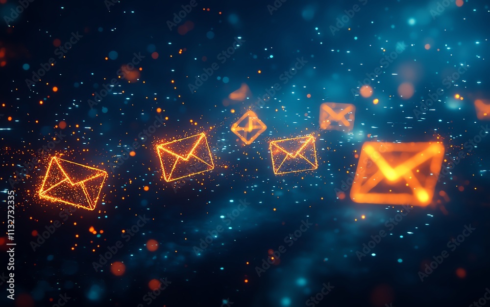 Aufkleber blue and orange envelopes floating in a dark space, creating an abstract visual of communication, mo