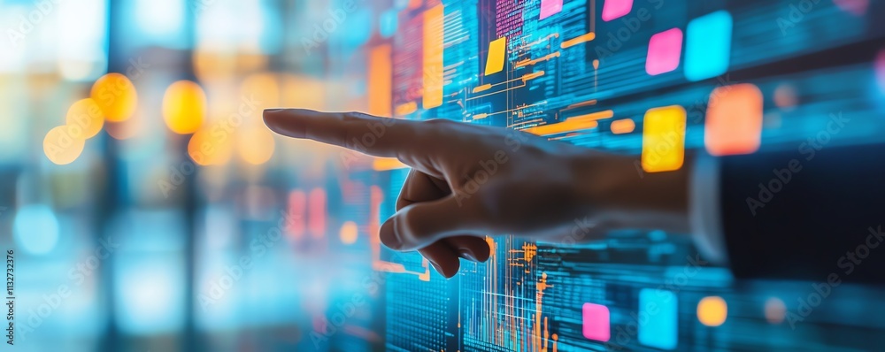 Poster Closeup of a hand pointing at a digital screen with colorful sticky notes and flowing data, symbolizing productivity, innovation, and digital organization