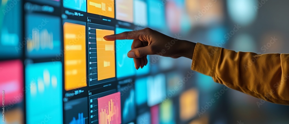 Aufkleber Closeup of a hand pointing at a digital display filled with colorful sticky notes, data charts, and graphs, symbolizing techdriven organization and workflow optimization