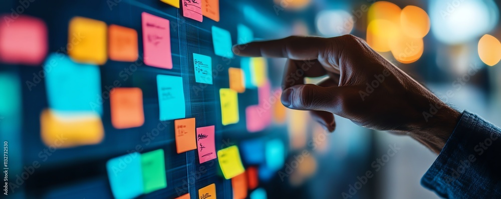 Aufkleber Closeup of a hand pointing at a digital screen with colorful sticky notes and flowing data, symbolizing productivity, innovation, and digital organization
