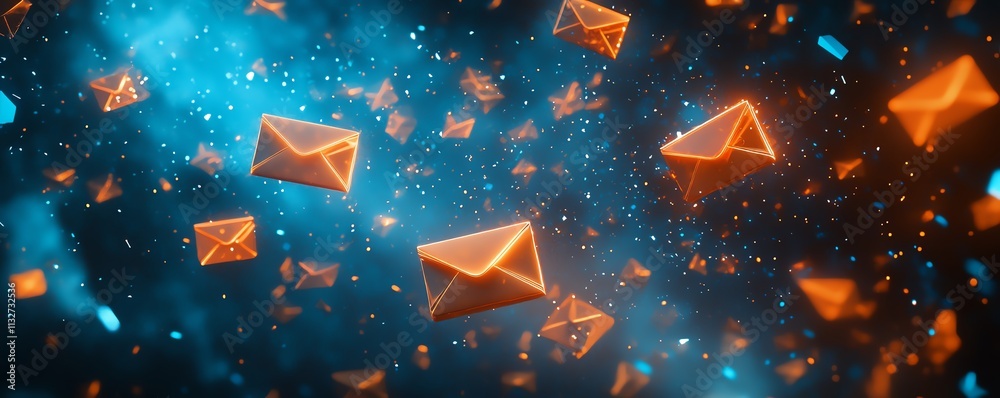 Aufkleber dark space with floating blue and orange envelopes, creating a surreal, abstract background with con