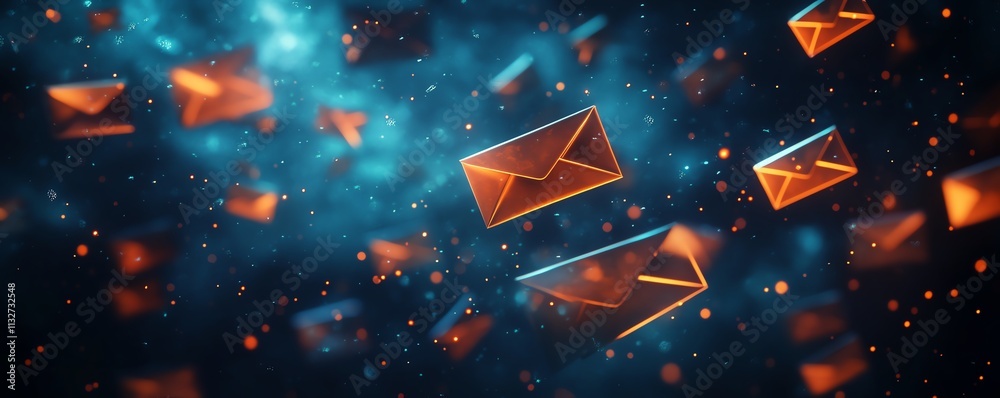 Aufkleber dark space with floating blue and orange envelopes, creating a surreal, abstract background with con
