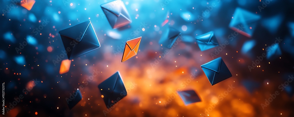 Aufkleber dark space with floating blue and orange envelopes, creating a surreal, abstract background with con