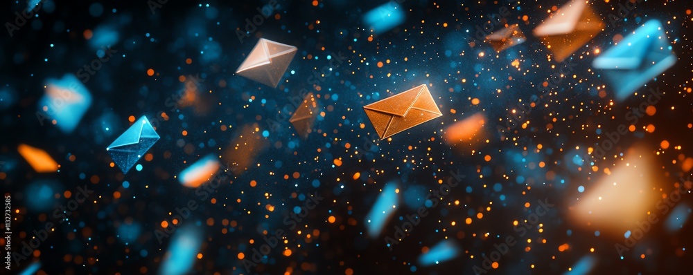 Aufkleber dark space with floating blue and orange envelopes, creating a surreal, abstract background with con