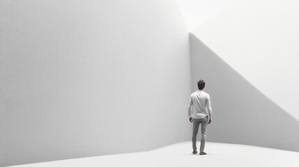 Obraz premium Focused Effort: A Man Standing in a Minimalist White Room with Bright Lighting and Clean Lines for Professional Stock Photography