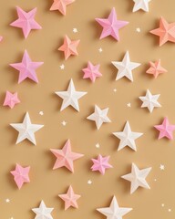 Obraz premium Colorful stars in pink and white scattered on a warm beige background, creating a playful and whimsical atmosphere.