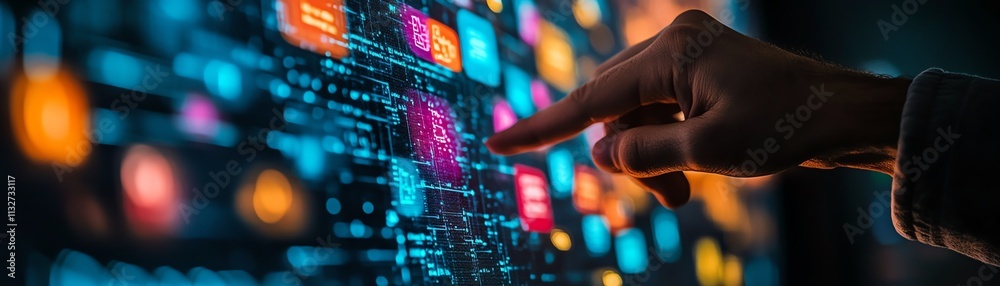 Poster Digital screen filled with colorful sticky notes and dynamic data, with a hand pointing at it, symbolizing digital workflows and information organization