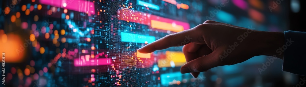 Aufkleber Digital screen filled with colorful sticky notes and dynamic data, with a hand pointing at it, symbolizing digital workflows and information organization