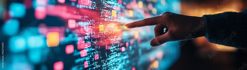 Aufkleber Digital screen filled with colorful sticky notes and dynamic data, with a hand pointing at it, symbolizing digital workflows and information organization