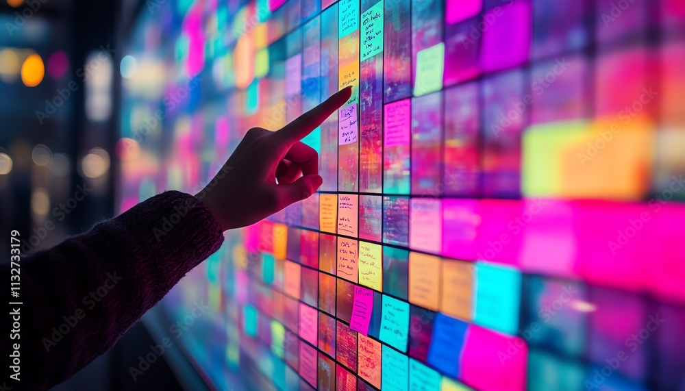 Fototapete Digital screen filled with sticky notes and dynamic data, with a hand pointing at it, showcasing digital workspace solutions, technology, and creative organization