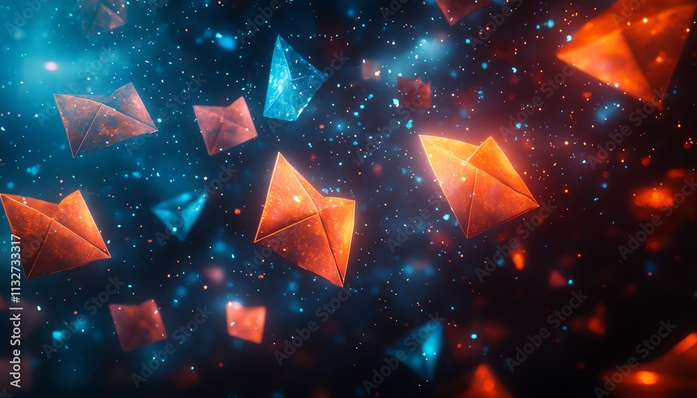 Aufkleber floating blue and orange envelopes in a dark, cosmic space, creating an abstract background with dyn