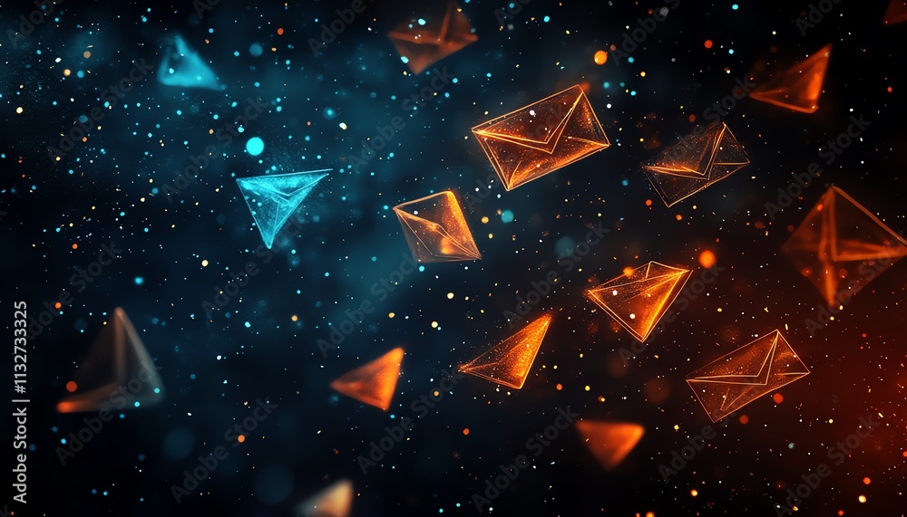 Aufkleber floating blue and orange envelopes in a dark, cosmic space, creating an abstract background with dyn