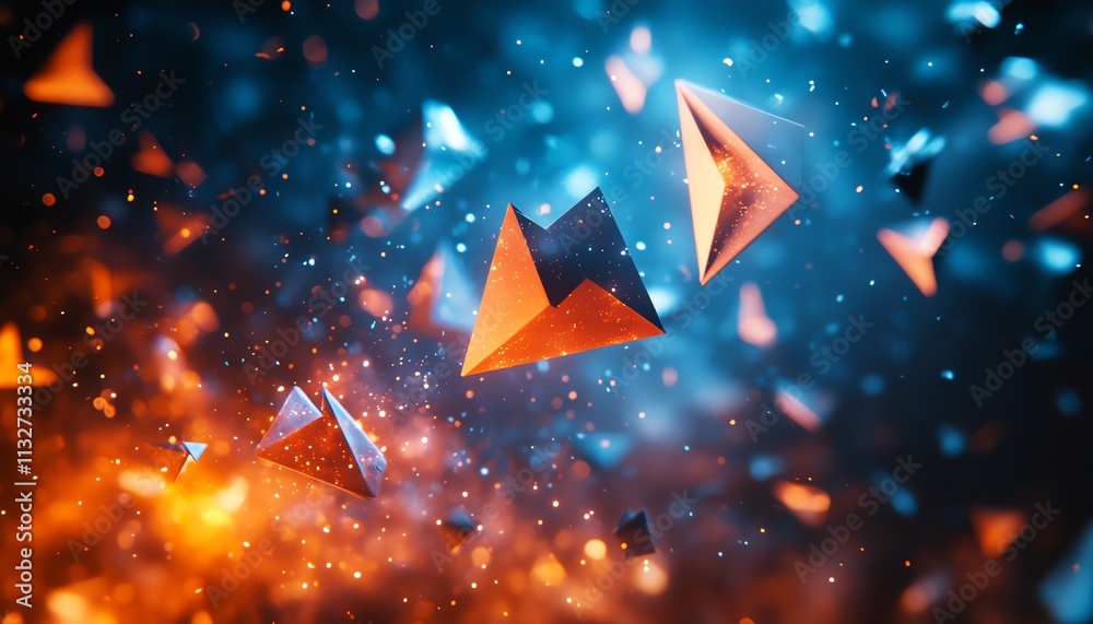Aufkleber floating blue and orange envelopes in a dark, cosmic space, creating an abstract background with dyn