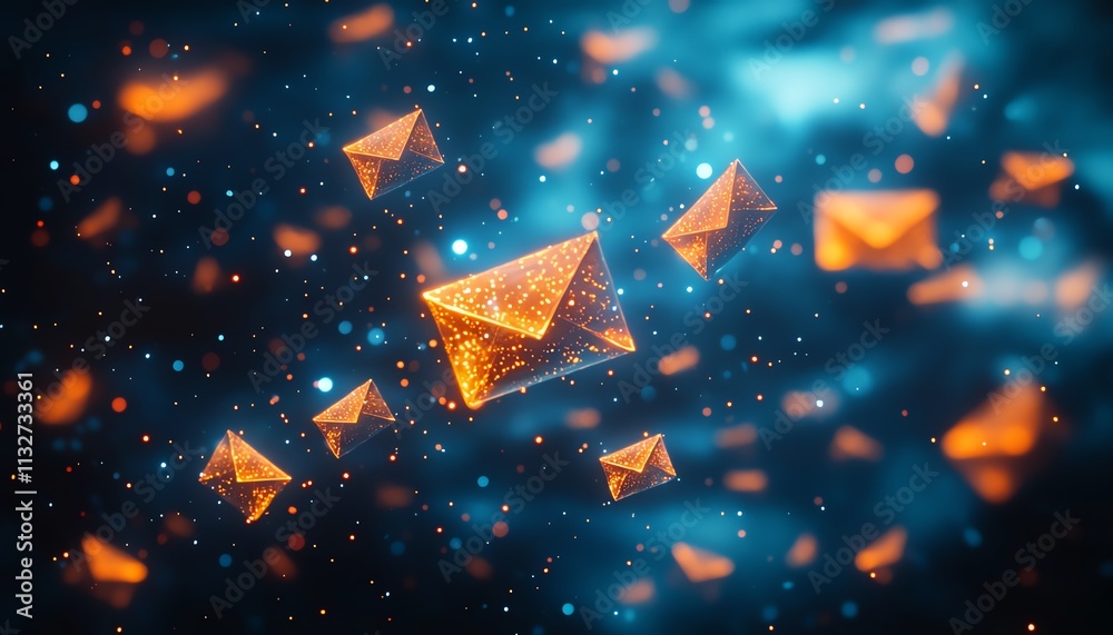 Aufkleber floating blue and orange envelopes in a dark, cosmic space, creating an abstract background with dyn