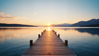 Wooden pier leading into calm lake at sunset with mountains in background
