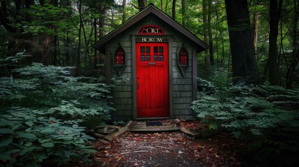 Naklejka premium Red Door Forest Book Borrow Hut