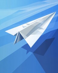 A sleek white paper airplane soaring through a blue sky, symbolizing freedom and creativity.