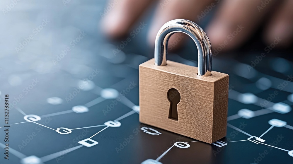 Poster a professional visual representation of cyber security featuring a digital padlock and flowing binar