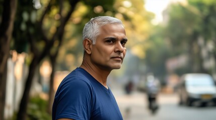 Man with white hair is standing on a street
