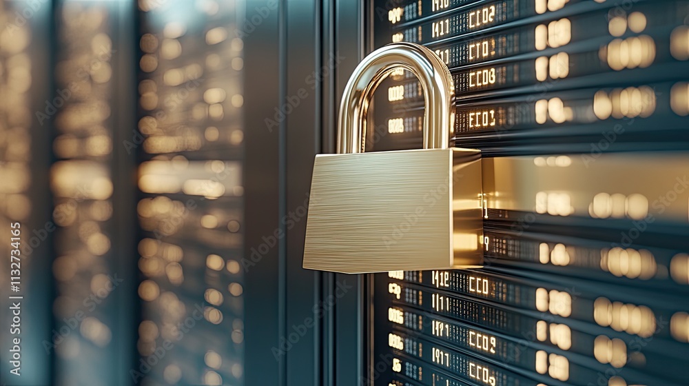 Poster a professional visual representation of cyber security featuring a digital padlock and flowing binar