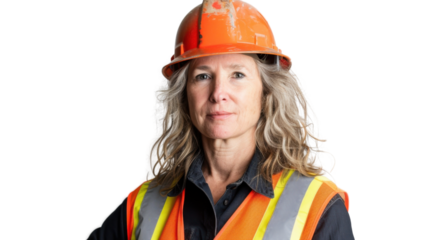 American caucasian middle age female engineer with safety helmet on white background
