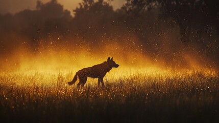 Golden Sunset Silhouette Of A Lone Wolf In Field