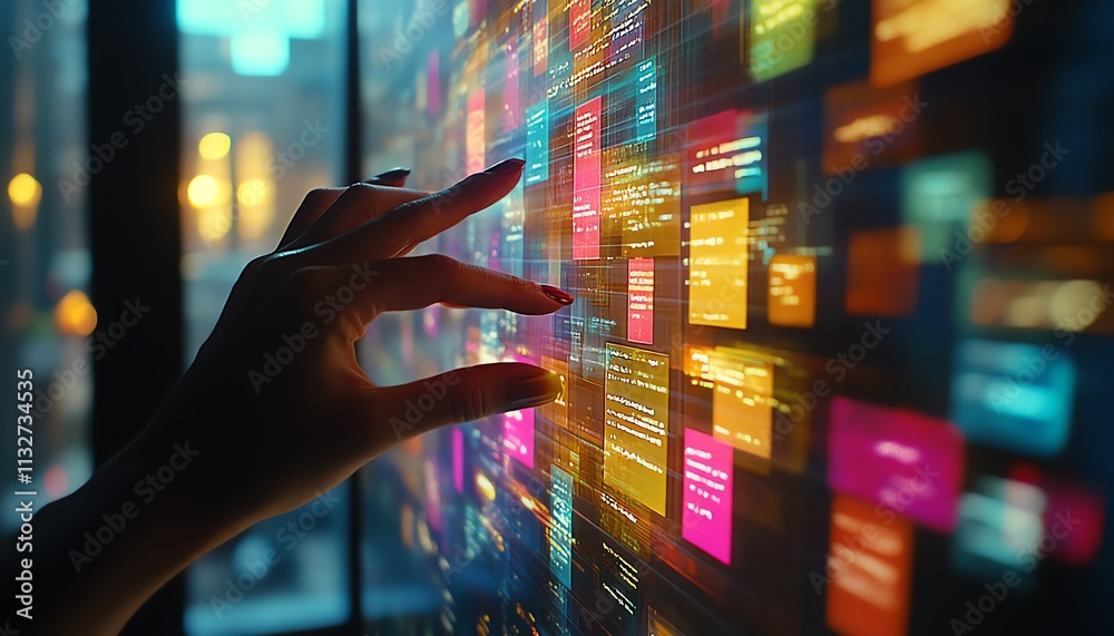 Poster Hand hovering over a digital screen filled with sticky notes and colorful data, illustrating a digital workspace and innovative tech solutions for organization