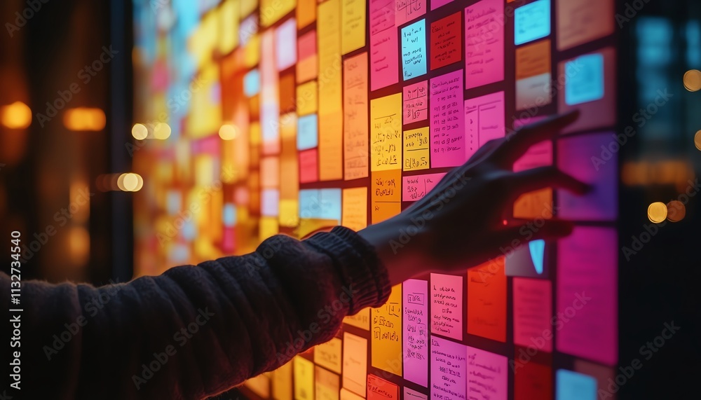 Poster hand hovering over a digital screen filled with sticky notes and colorful data, illustrating a digit