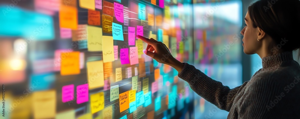Aufkleber Hand interacting with a digital screen covered in colorful sticky notes and data streams, showcasing digital collaboration, data management, and tech innovation
