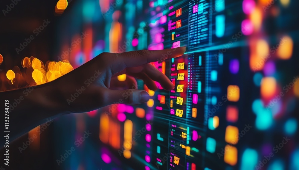 Aufkleber Hand pointing at a digital display with sticky notes and vibrant data, symbolizing the connection between technology, data analysis, and organization