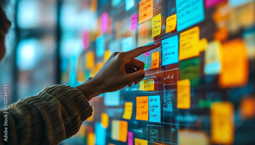 Fototapete Hand pointing at a digital interface with sticky notes and vibrant data visualizations, representing technology, productivity, and digital innovation