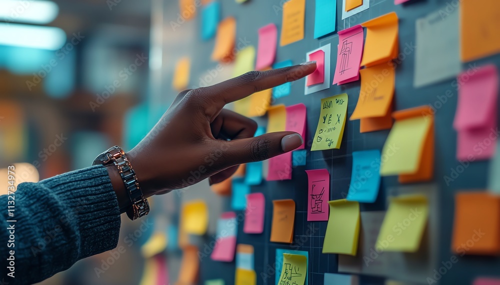 Aufkleber Hand pointing at a digital interface with sticky notes and vibrant data visualizations, representing technology, productivity, and digital innovation