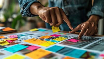 Obraz premium Hand pointing at a digital interface with sticky notes and vibrant data visualizations, representing technology, productivity, and digital innovation