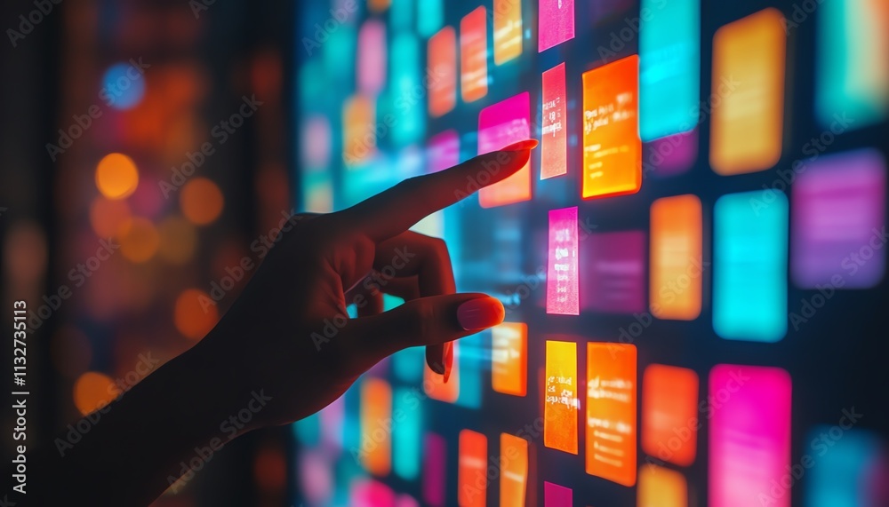 Poster Hand pointing at a digital screen filled with colorful sticky notes and data, representing organization, technology, and information management, vibrant and interactive concept