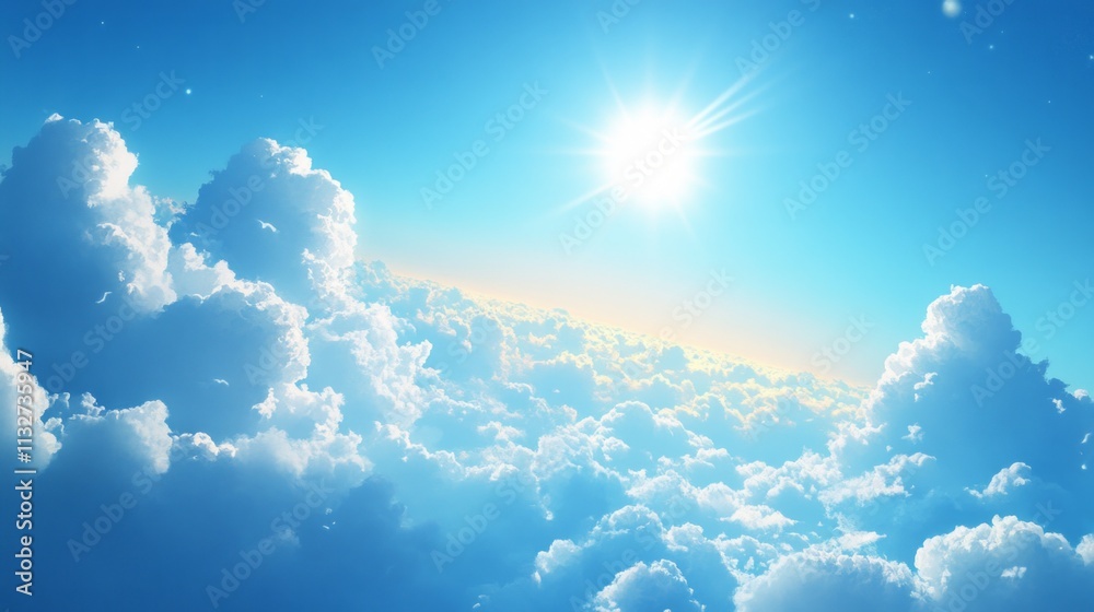 Poster a vibrant blue sky stretches endlessly, illuminated by the brilliant sun. soft, fluffy clouds drift 