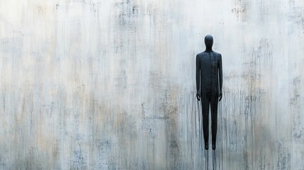 Black figure, textured wall, drips, minimalist art.