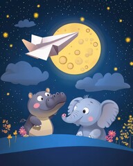A cute cartoon scene of a hippo and an elephant gazing at a paper plane under a glowing moonlit sky.