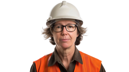 American caucasian middle age female engineer with safety helmet on white background
