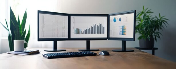 Fototapeta premium A modern workspace featuring three monitors displaying data visualizations, a keyboard, and a plant, creating an organized and tech-savvy environment.