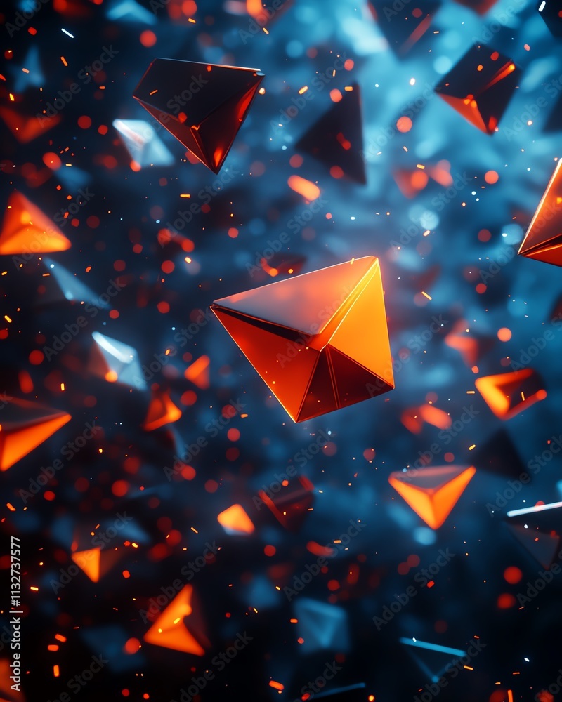 Fototapete Vibrant abstract background with blue and orange envelopes floating in dark space, dynamic colors and shapes creating a futuristic and artistic atmosphere
