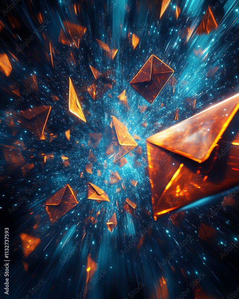 Fototapete Vibrant abstract background with blue and orange envelopes floating in dark space, dynamic colors and shapes creating a futuristic and artistic atmosphere