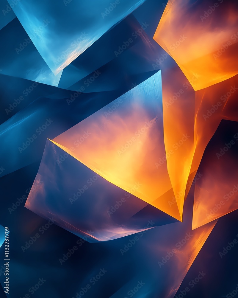 Fototapete Vibrant abstract background with blue and orange envelopes floating in dark space, dynamic colors and shapes creating a futuristic and artistic atmosphere
