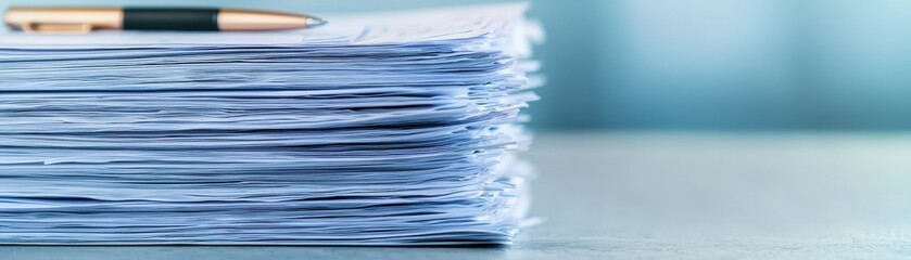 A stack of neatly arranged paper sheets with a pen on top, creating a professional and organized workspace atmosphere.