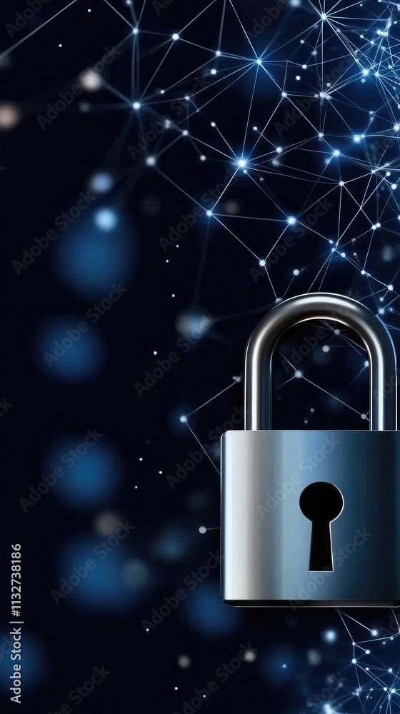 Poster a professional visual representation of cyber security featuring a digital padlock and flowing binar