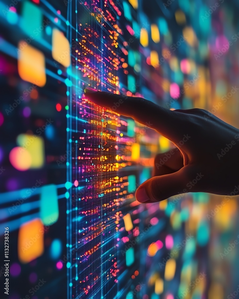 Poster A hand pointing at a digital screen with sticky notes and colorful data visualizations, representing a futuristic approach to data management and workflow efficiency